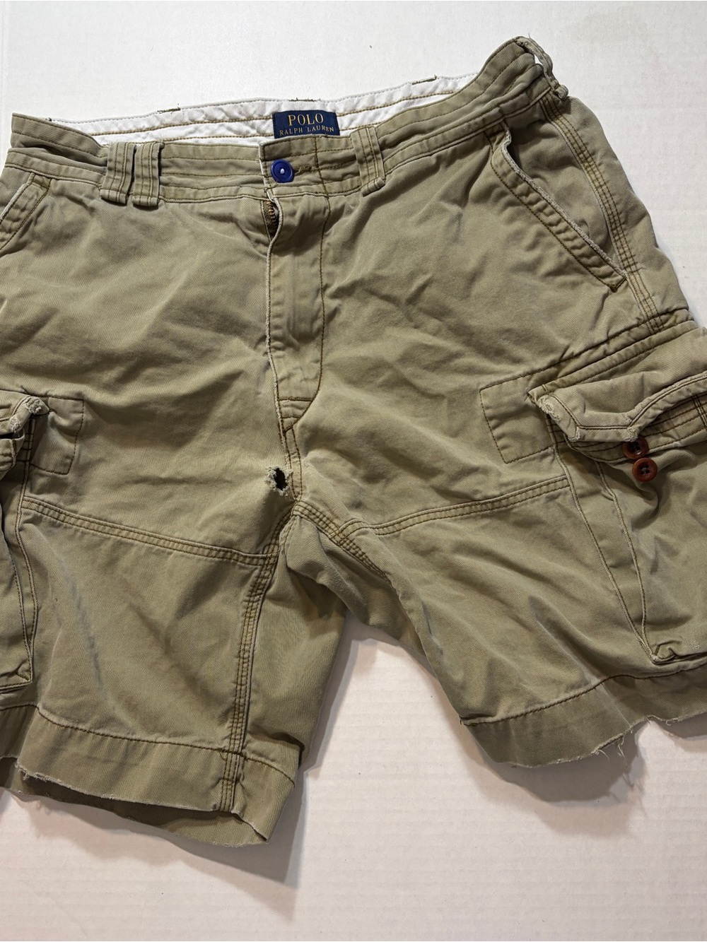 Polo Ralph Lauren CARGO Shorts 34" OLIVE Distressed Cotton PRL Mens Holes SOFT